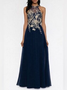 🆕✨ Betsy & Adam Navy Blue Gold Embroidered Maxi Dress Size 8 Formal Gown Floral